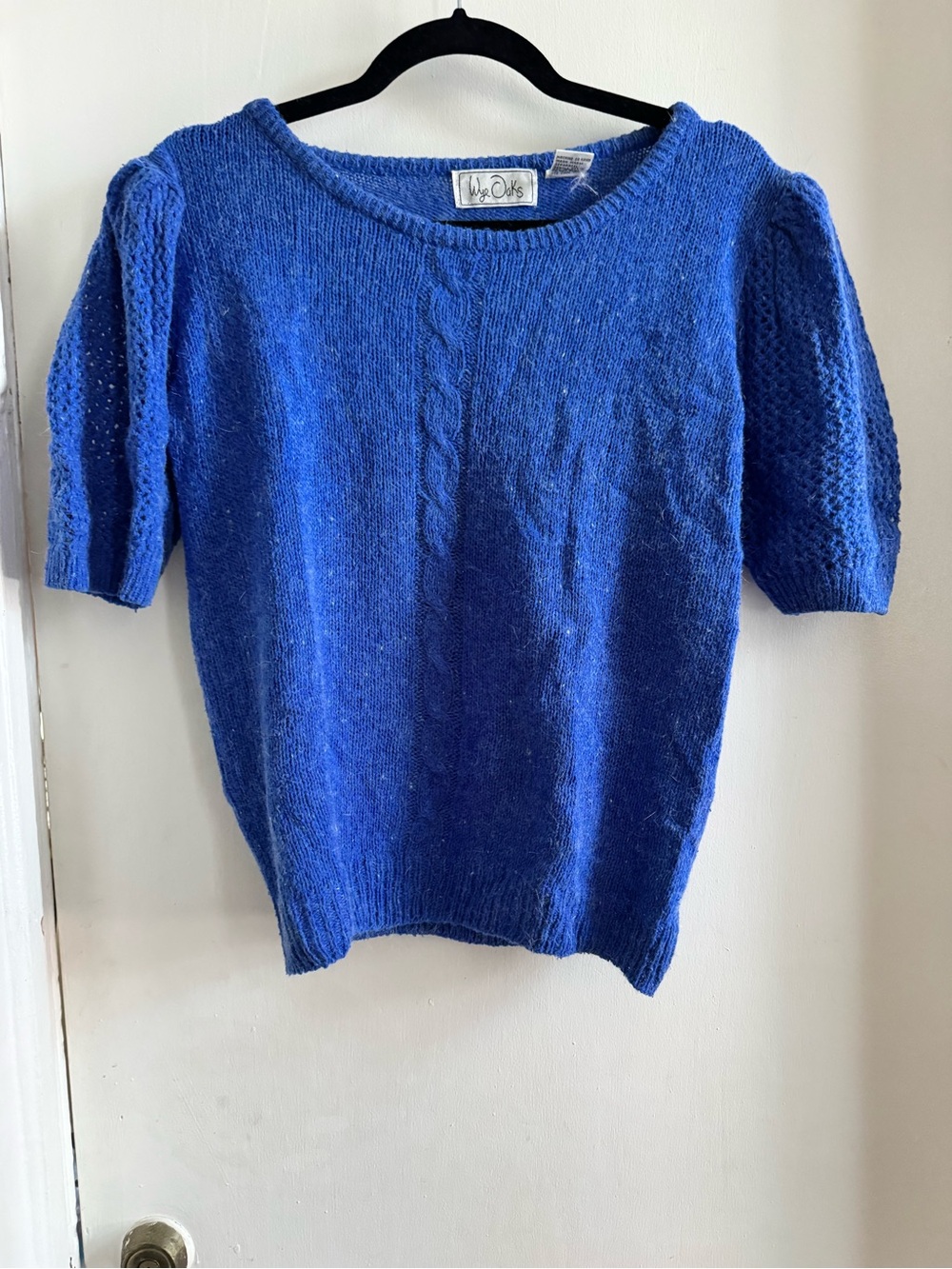 Vintage Royal Blue Short-Sleeve Cable Knit Sweater